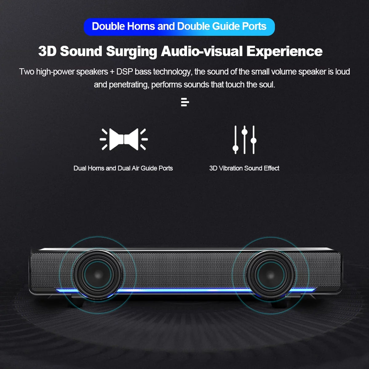 Andoer V-196  Wired Computer Speaker Bar Stereo Subwoofer Powerful  Player Bass Surround Sound Box 3.5mm Audio Input for  Laptop Smartphone Tablet MP3 MP4