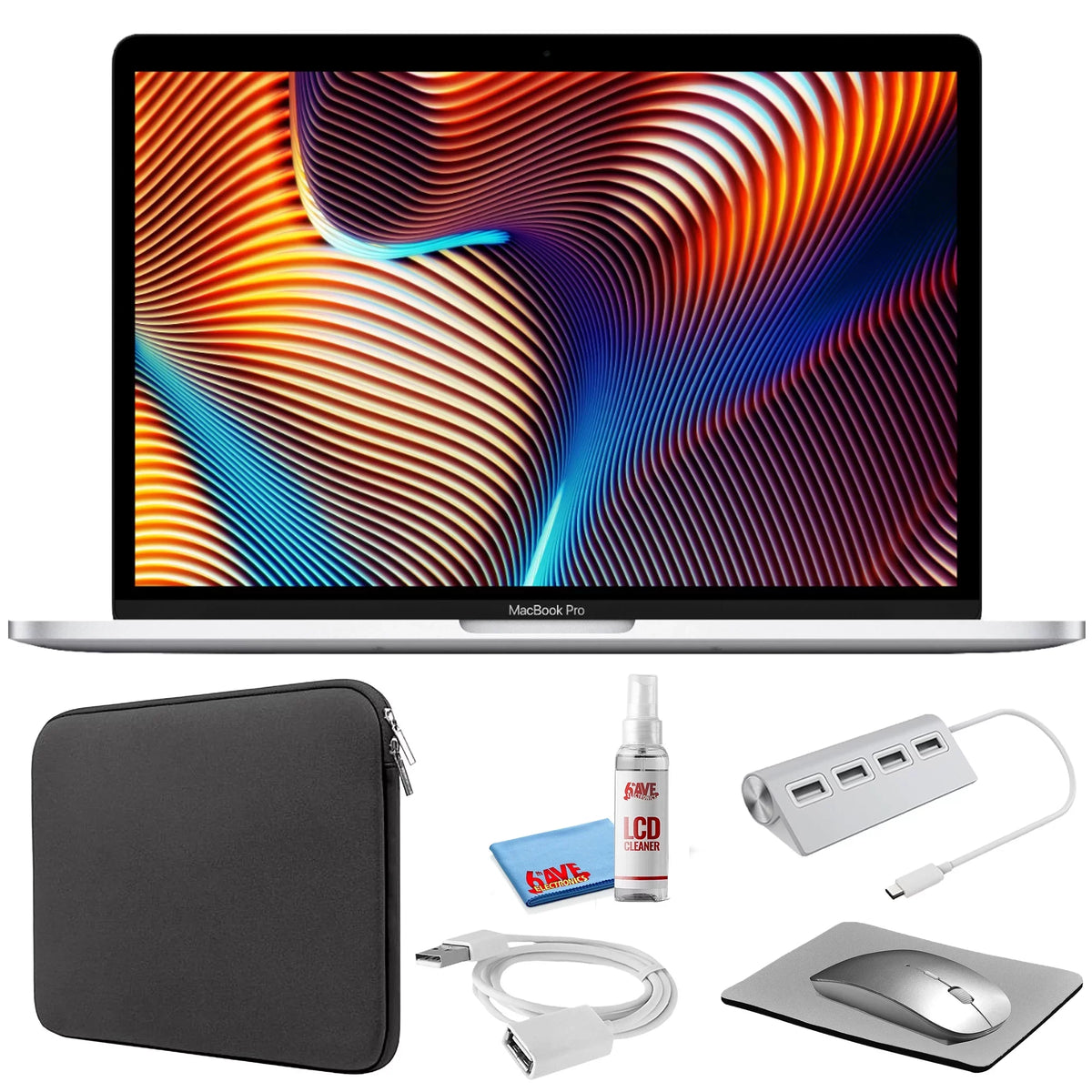 Apple MacBook Pro 13-inch (i5 2.3GHz, 256GB ) (Mid 2018, MR9U2LL/A) - Silver Bundle with Black Zipper Sleeve + Laptop Starter Kit + Cleaning Kit (Refurbished)