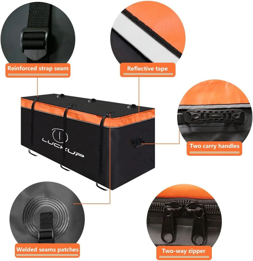 Trailer Hitch Cargo Bag Hitch Cargo Carrier Bag 20 Cubic Feet 100% Waterproof Include 6 Reinforced Straps Reflective Strip Design, Fits All Vehicles with Steel Cargo Basket, 59Lx24Wx24H,560L