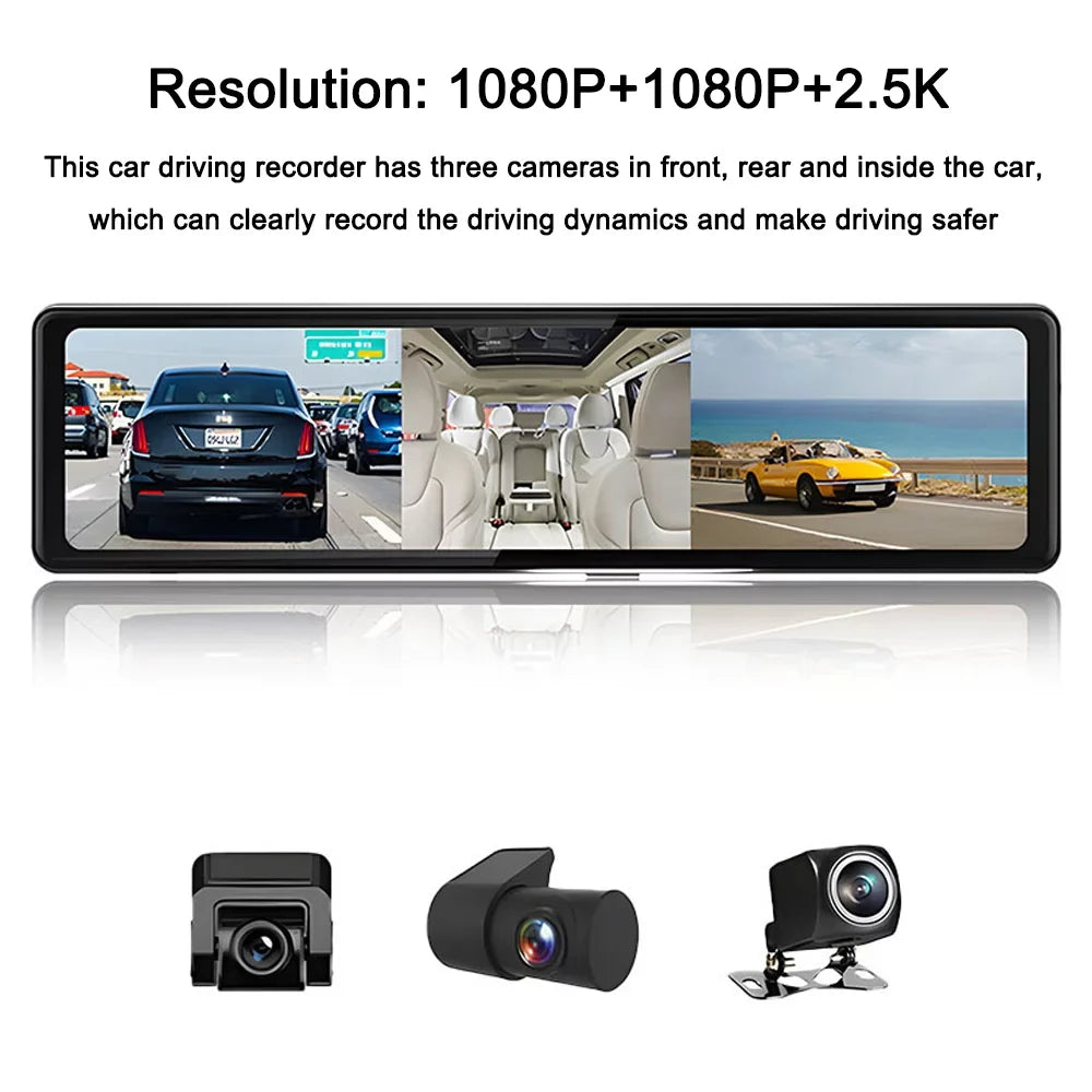 3 Cameras Dash Cam 12in 2.5K Clear Car Rearview Mirror Car Video Recording Touched Screen Car Recorder Carplay Auto Driving Recorder