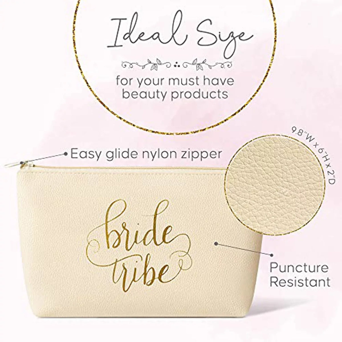 11 Piece Set of Cream Beige Faux Leather Bride and Bridal Party Leather Makeup Bags for Bachelorette Parties, Weddings, and Bridal Showers
