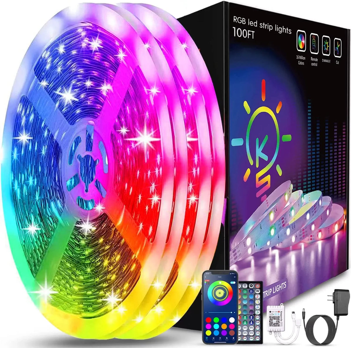 100ft Led Strip Lights (2 Rolls of 50ft) Bluetooth Smart App Music Sync Color Changing  Led Light Strip with Remote and Power Adapter,Led Lights for Bedroom Room Home Decor Party Festival