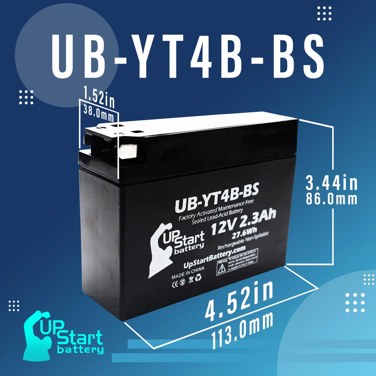 5-Pack UpStart Battery Replacement for 2015 Yamaha TTR110E 110CC Factory Activated, Maintenance Free, Motorcycle Battery - 12V, 2.3Ah, -YT4B-