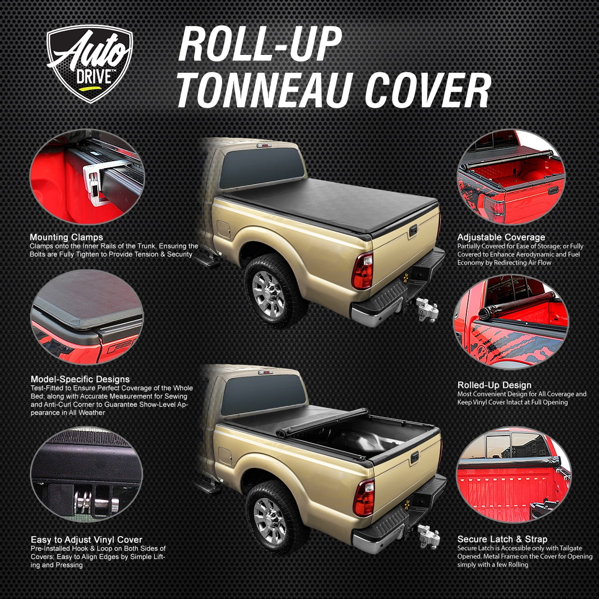 Auto Drive Soft Roll up Truck Bed Tonneau Cover Fits 94-10 Dodge Ram 1500 2500 3500 / 11-18 Ram 1500 2500 3500 8Ft Bed