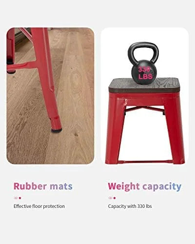 24 Inches Metal  Stools Set of 4 Counter Height Wood Seat Barstool Patio Stool Stackable Backless Stool Indoor Outdoor Metal Kitchen Stools  Chairs (Red)