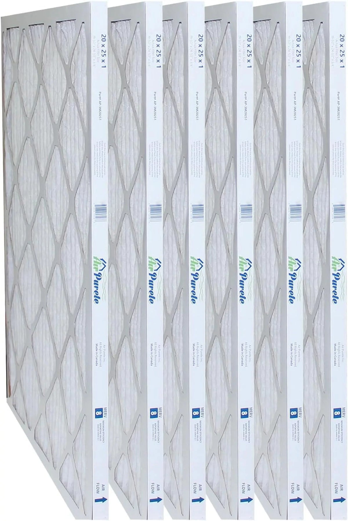 AirPurete Furnace Filters -3M20251 | Pack of 6 | Nominal Size: 20x25x1 |Actual Size: 19-1/2” x 24-1/2” x 3/4” |High Capacity  8