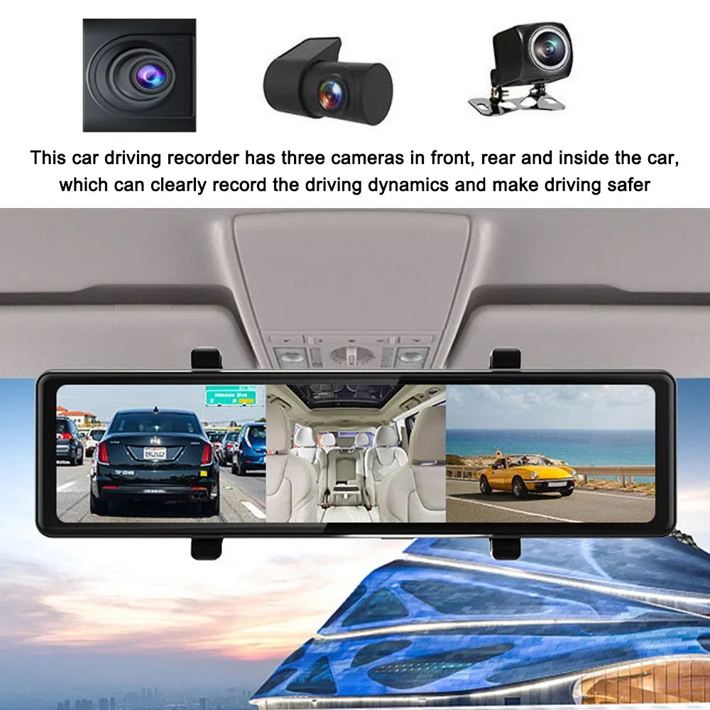 3 Cameras Dash Cam 12in 2.5K Clear Car Rearview Mirror Car Video Recording Touched Screen Car Recorder Carplay Auto Driving Recorder