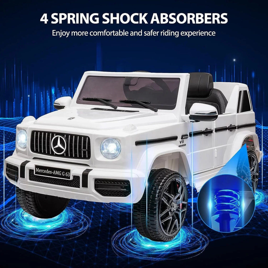 12V Kids Ride on Car, Licensed Mercedes Benz G63 Electric Car w/Remote Control, Music, Spring Suspension,  Light, Bluetooth, Horn, , Safety Lock Battery Powered Electric Vehicle, White