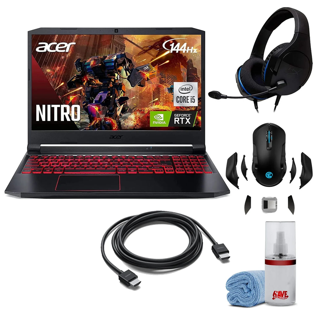 Acer Nitro 5 15.6-Inch 144hz  Gaming Laptop + High Quality 6ft  Cable +  Screen Cleaner + Wired Stereo Gaming Headset + Gaming Mouse