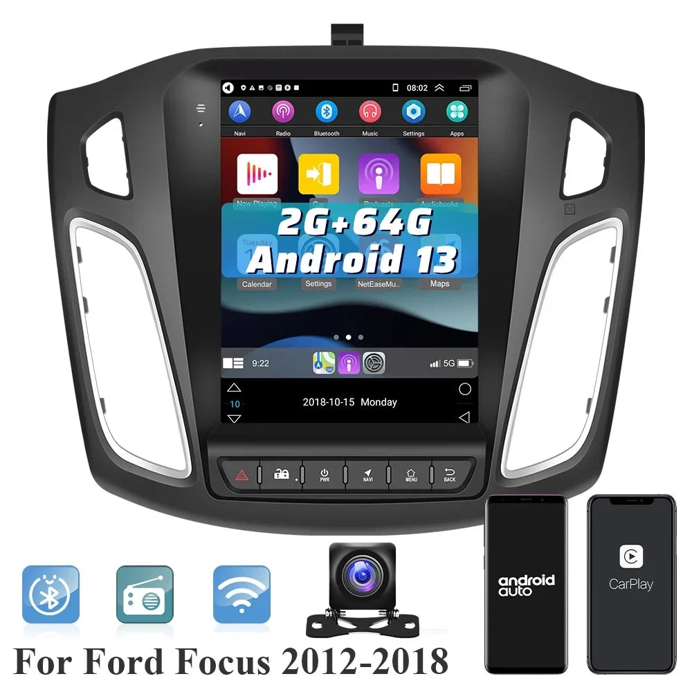 Podofo 2+64G for Ford Focus 2012-2018 Wireless Carplay Android Auto Mirror Link 9.7'' Touchscreen Car Stereo Radio Android 13  1080P    Bluetooth ,  Rearview Camera