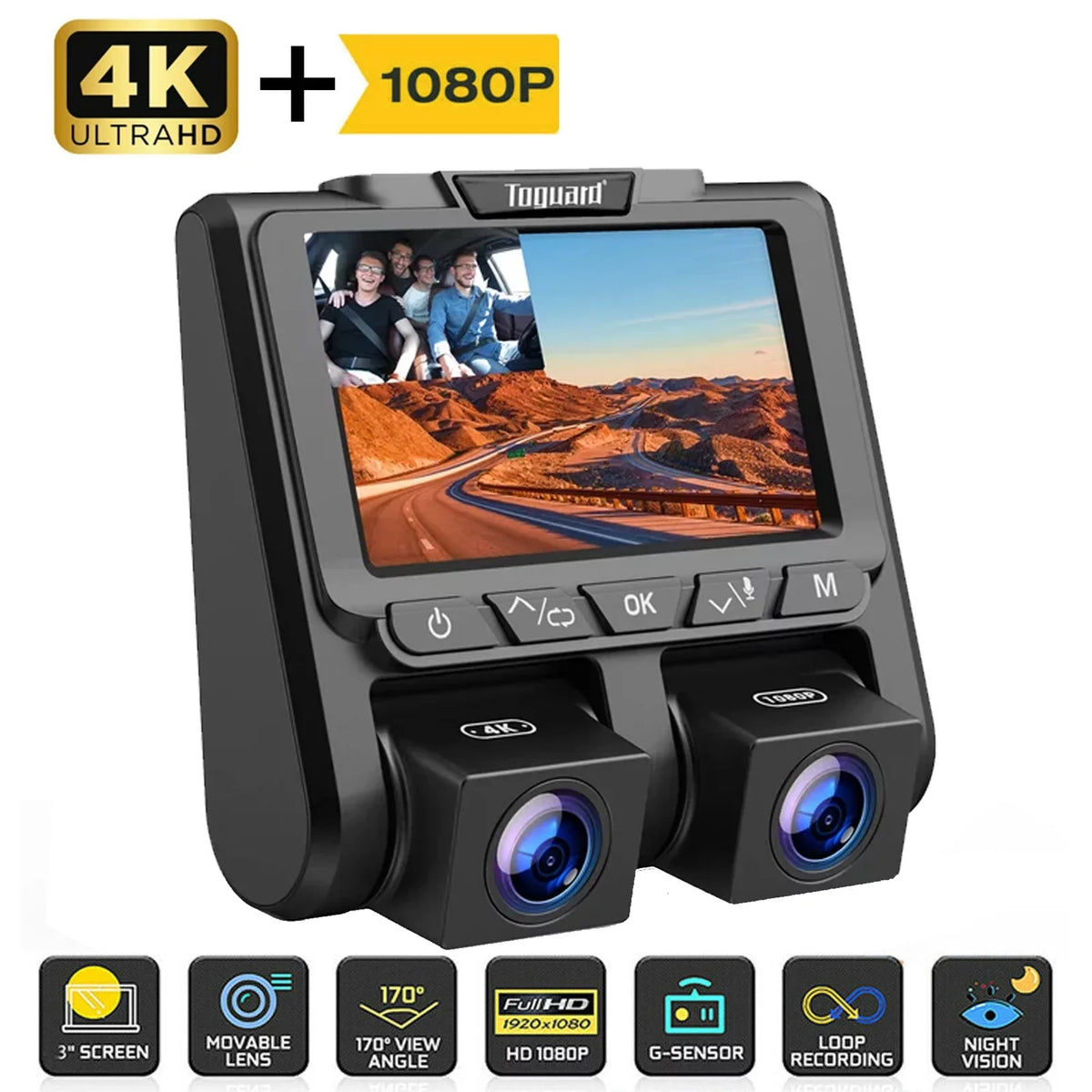4K Dash Camera   4K+1080P Dash Cam Front and Inside 3"  Screen Car Camera Loop Recording Parking Mode G-Sensor