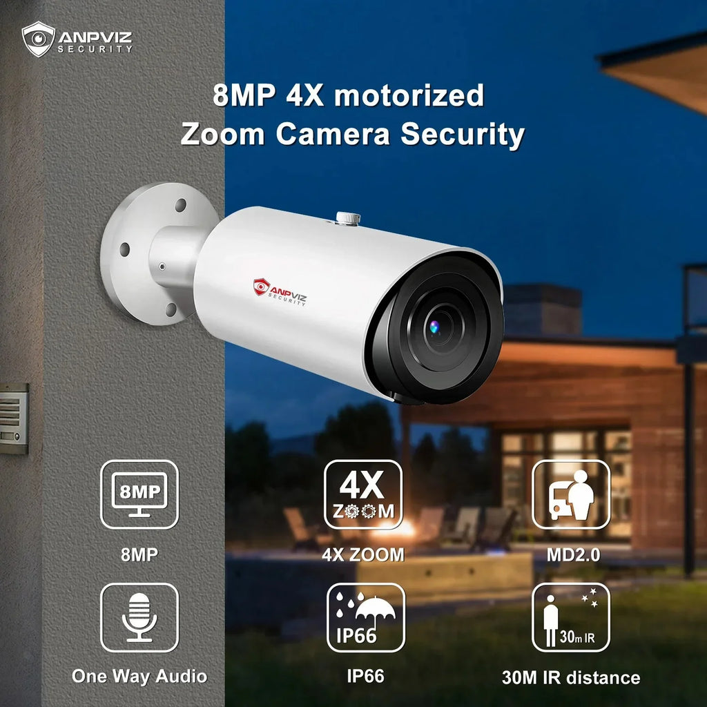 8MP Bullet Camera 4X Zoom Camera Support Human Vehicle Detection 30M  Distance Built in Mic H.265 IP66