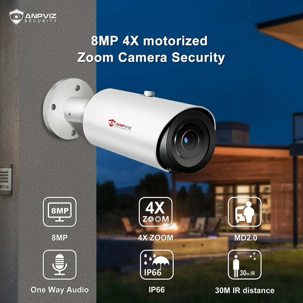 8MP Bullet Camera 4X Zoom Camera Support Human Vehicle Detection 30M  Distance Built in Mic H.265 IP66