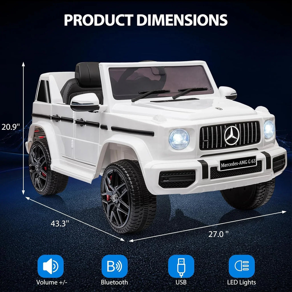 12V Kids Ride on Car, Licensed Mercedes Benz G63 Electric Car w/Remote Control, Music, Spring Suspension,  Light, Bluetooth, Horn, , Safety Lock Battery Powered Electric Vehicle, White