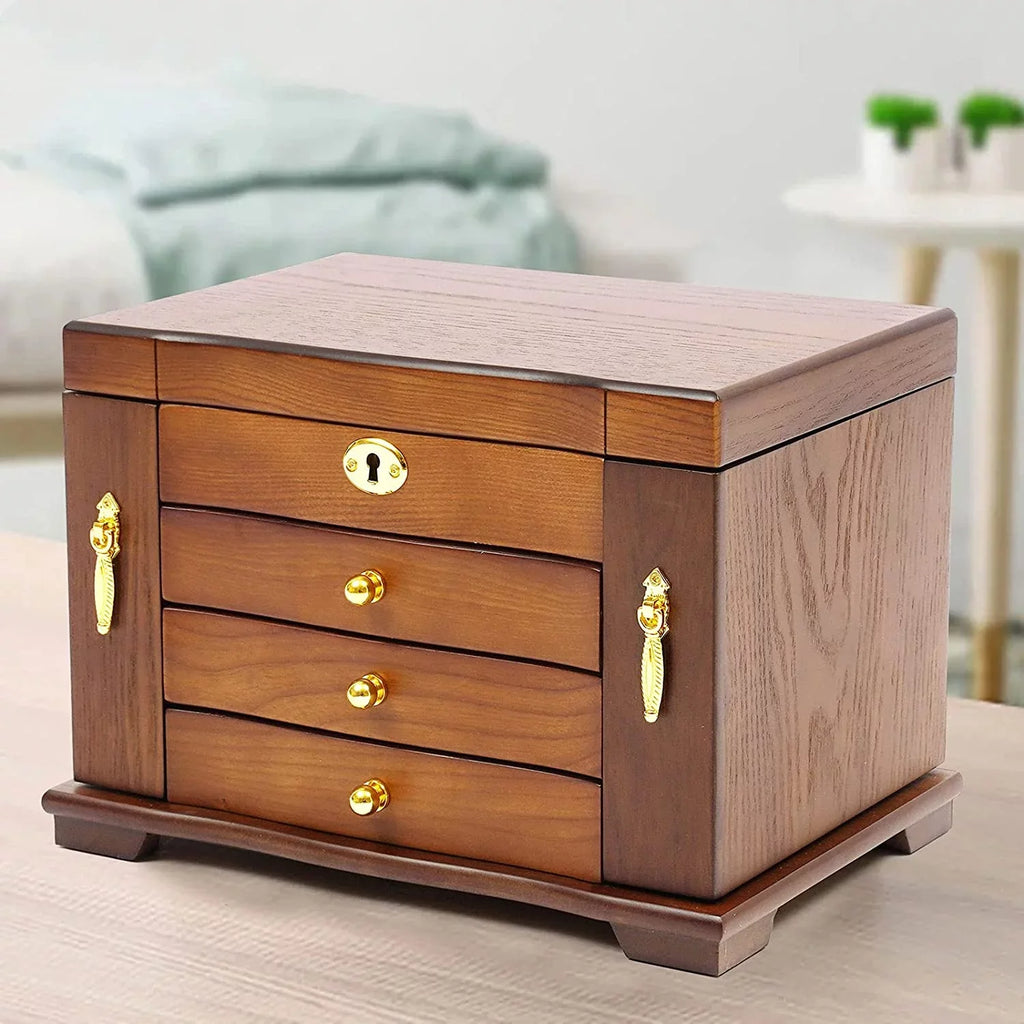 4 layers Wooden Gemstone Display Case Jewelry Storage Case W/ 4 Drawers and 2 Swing-out Cabinets