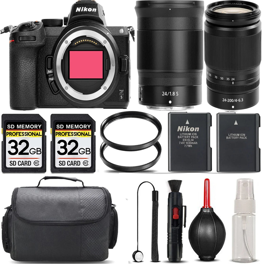 Nikon Z5 Mirrorless with 24-200mm f/4-6.3  Lens + 24mm f/1.8 S Lens + 64GB Storage +  Filter + Backup Battery + Case + Cleaning Kit - International Version