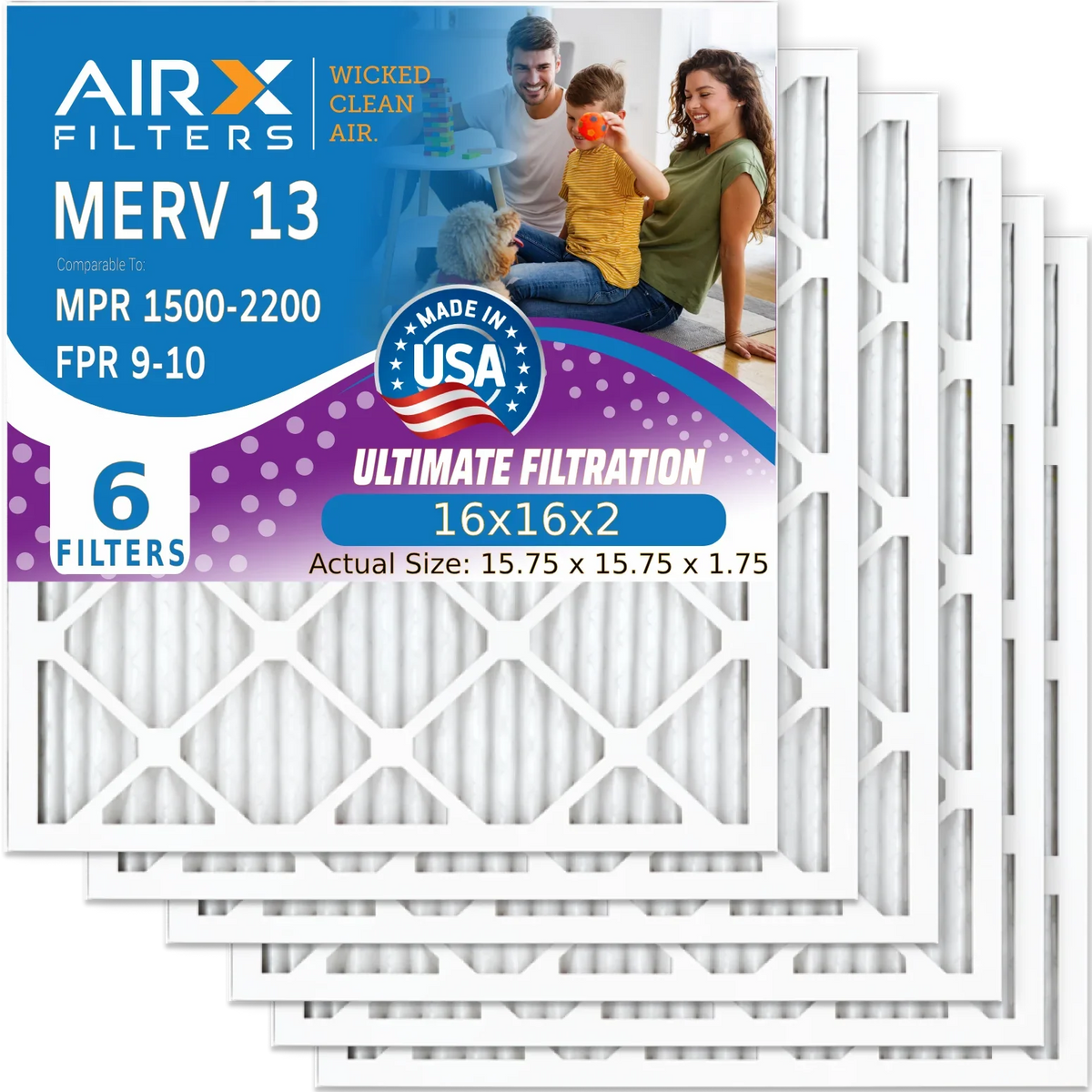 16x16x2 Air Filter  13 Comparable to  1500 - 2200 &  9 Electrostatic Pleated Air Conditioner Filter 6 Pack   Premium  Made 16x16x2 Furnace Filters by     .