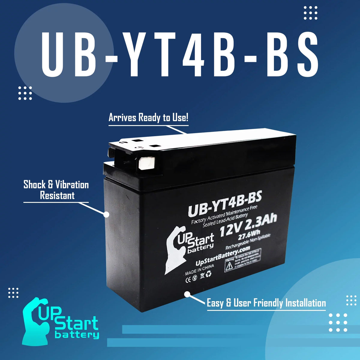 5-Pack UpStart Battery Replacement for 2015 Yamaha TTR110E 110CC Factory Activated, Maintenance Free, Motorcycle Battery - 12V, 2.3Ah, -YT4B-