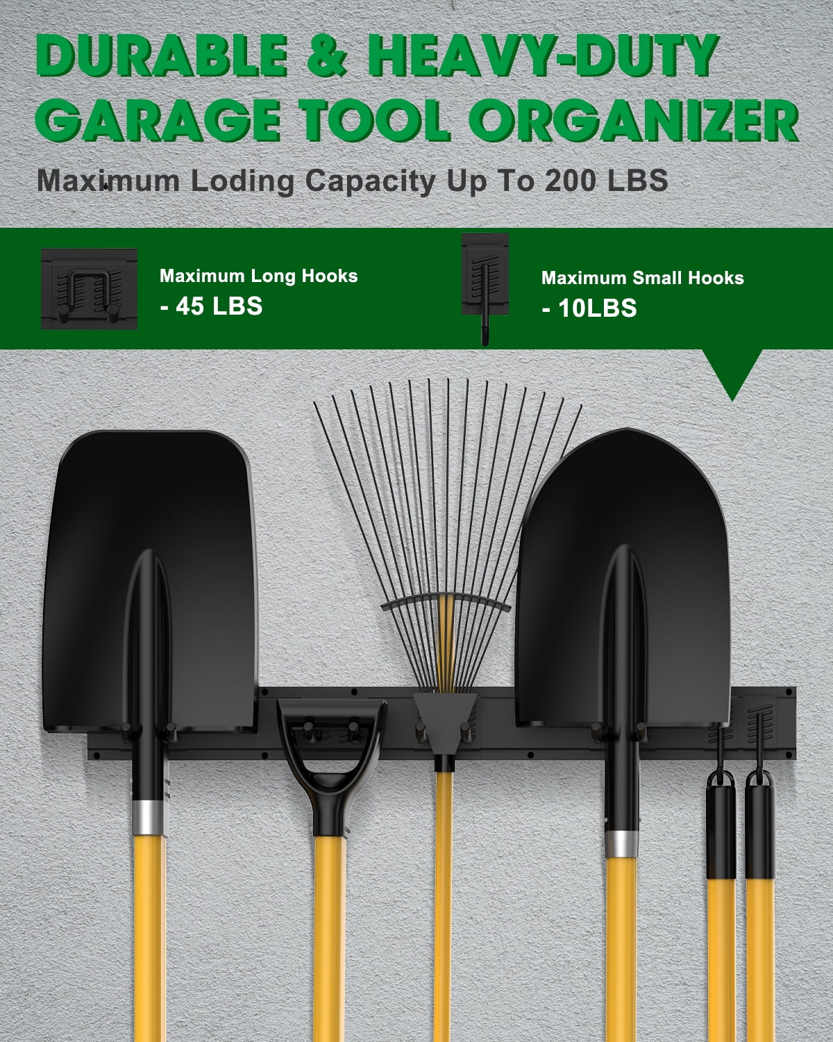 8 Piece Garage Tool Storage Rack, 32 Inches Wall Mounted Garage Organizer with 6 Adjustable Hooks, Heavy Duty Yard Tool Organizer for Garage, Holds up to 200