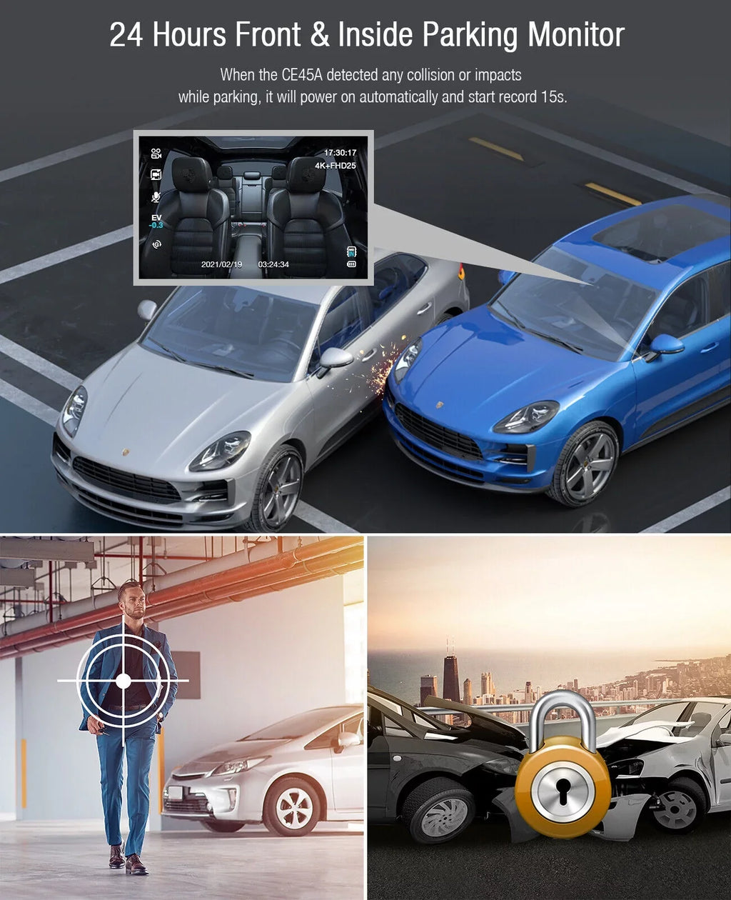 4K Dash Camera   4K+1080P Dash Cam Front and Inside 3"  Screen Car Camera Loop Recording Parking Mode G-Sensor