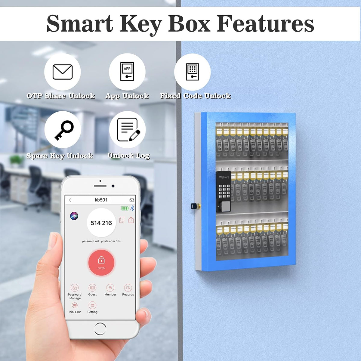 96 Key Lock Box Plus, Smart Key Cabinet Wall Mount,  Share Half-Remote Security Storage Lockbox,  Bluetooth/Fixed Code for Car Dealership，，