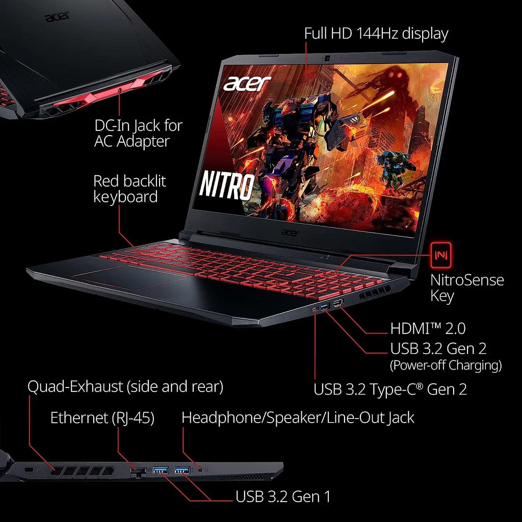 Acer Nitro 5 15.6-Inch 144hz  Gaming Laptop + High Quality 6ft  Cable +  Screen Cleaner + Wired Stereo Gaming Headset + Gaming Mouse