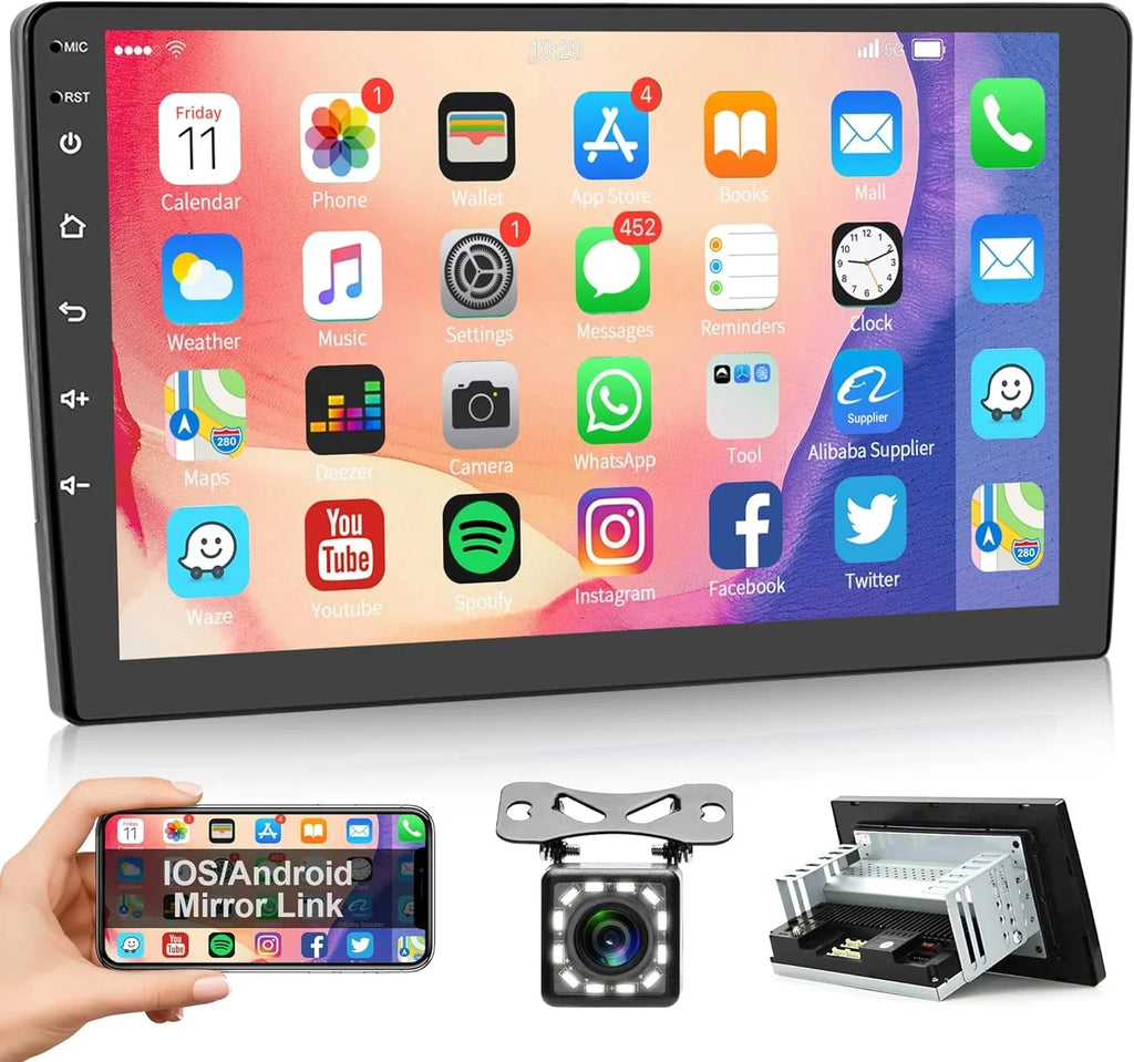 1G+32G Android Single Din Car Stereo with  Navigation Rimoody 10.1'' Touch Screen Car Radio with Bluetooth WiFi  Mirror Link  Head Unit + Backup Camera