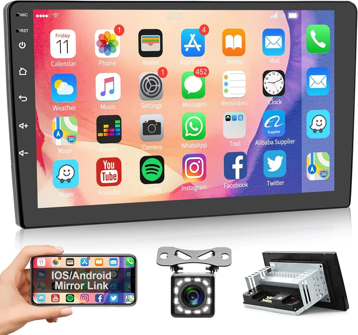 1G+32G Android Single Din Car Stereo with  Navigation Rimoody 10.1'' Touch Screen Car Radio with Bluetooth WiFi  Mirror Link  Head Unit + Backup Camera
