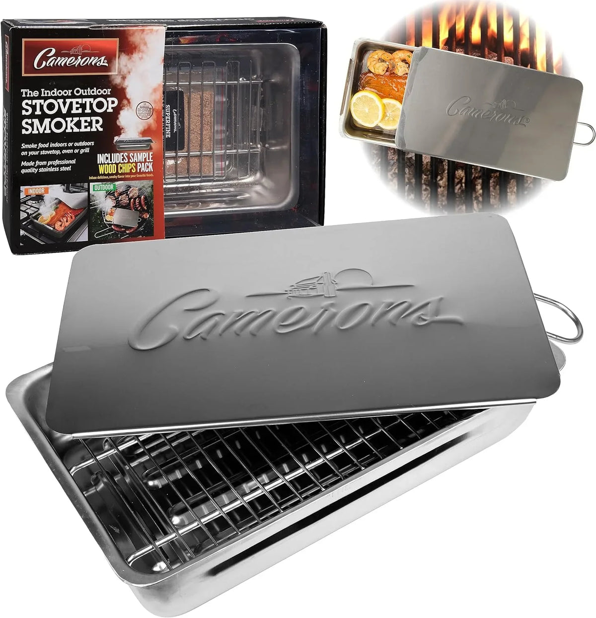(2 pack) Camerons Indoor Outdoor Stovetop Smoker - Stainless Steel Barbecue Smoker Box w/ Oak Wood Chips & Recipes - Works On Any Heat Source, Stovetop or  Grill for Smoking Meats - Grilling Gift for Men