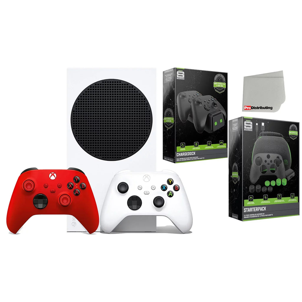 Microsoft Xbox Series S 512GB Digital Console with Extra Wireless Controller - Pulse Red - Surge 12 Piece Accessory Kit and  Dual Charge Base with Microfiber Cleaning Cloth