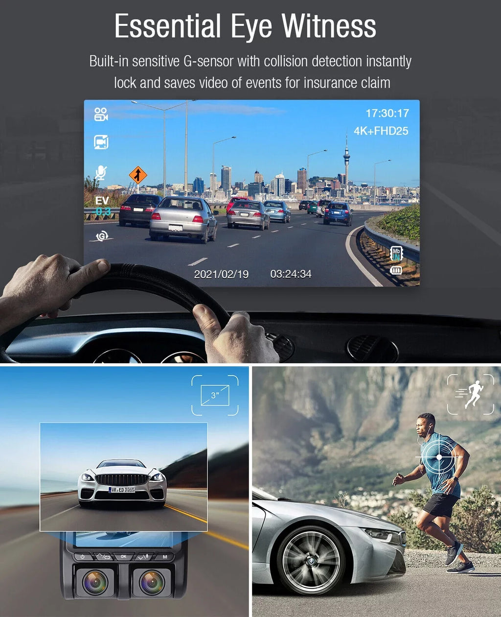 4K Dash Camera   4K+1080P Dash Cam Front and Inside 3"  Screen Car Camera Loop Recording Parking Mode G-Sensor