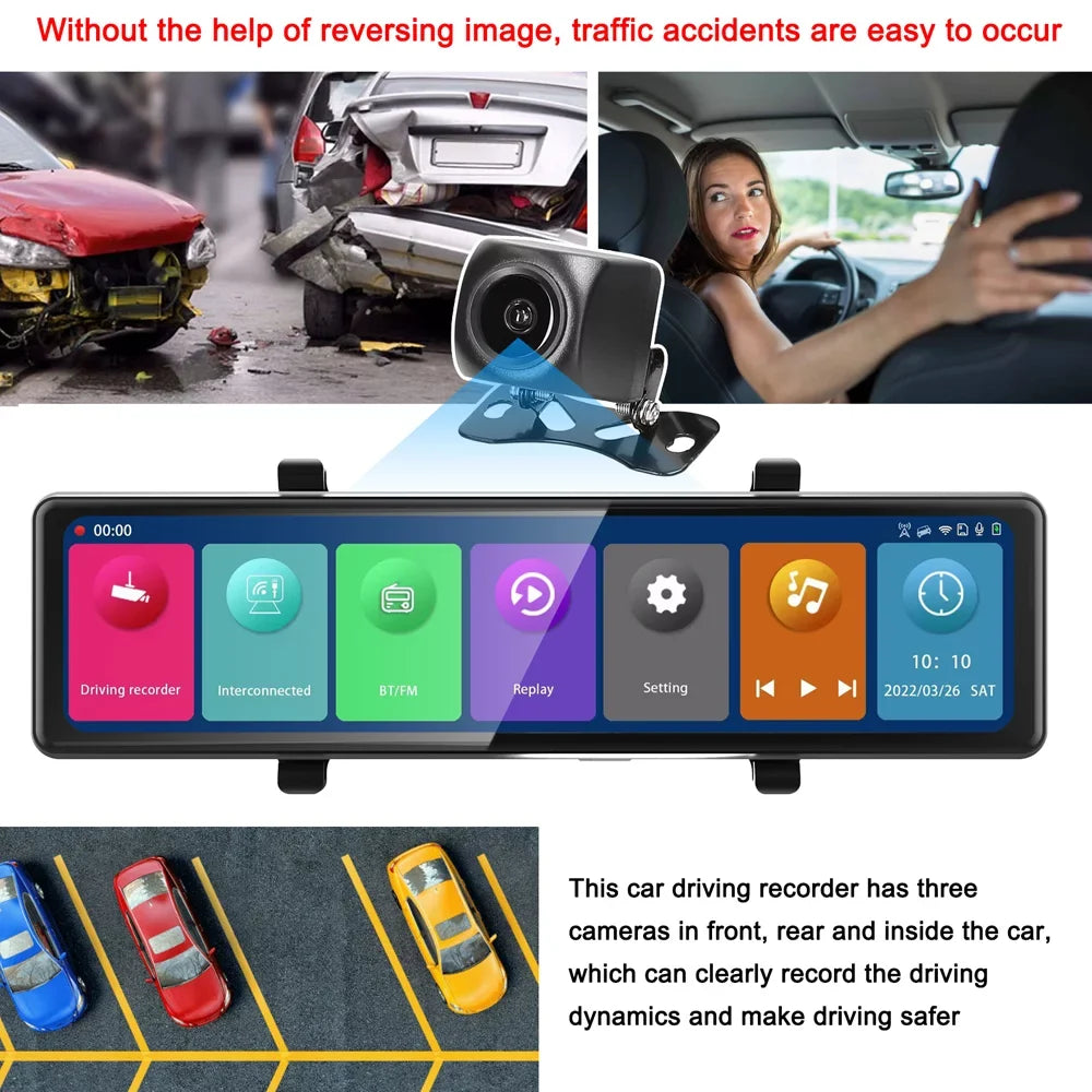 3 Cameras Dash Cam 12in 2.5K Clear Car Rearview Mirror Car Video Recording Touched Screen Car Recorder Carplay Auto Driving Recorder