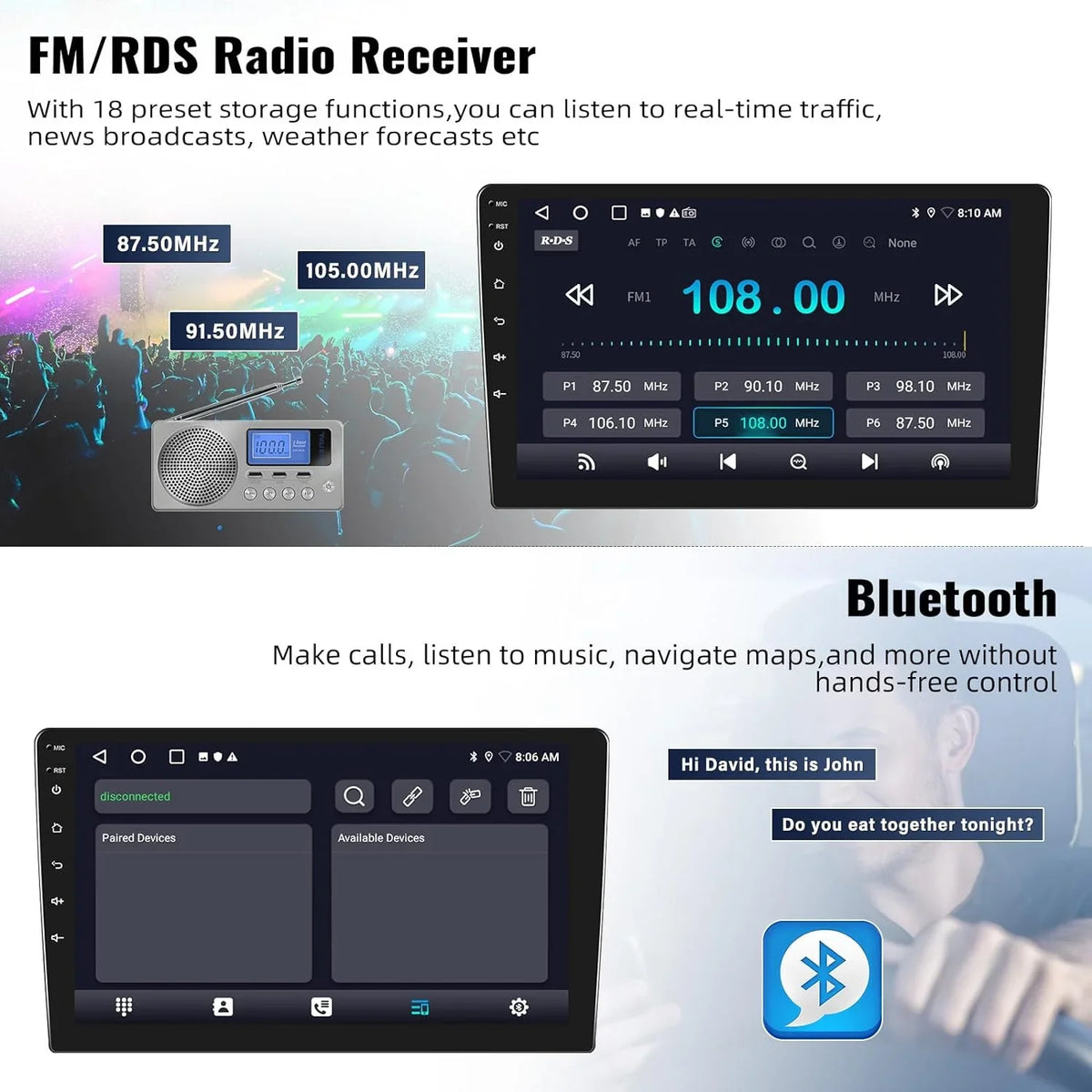 1G+32G Android Single Din Car Stereo with  Navigation Rimoody 10.1'' Touch Screen Car Radio with Bluetooth WiFi  Mirror Link  Head Unit + Backup Camera