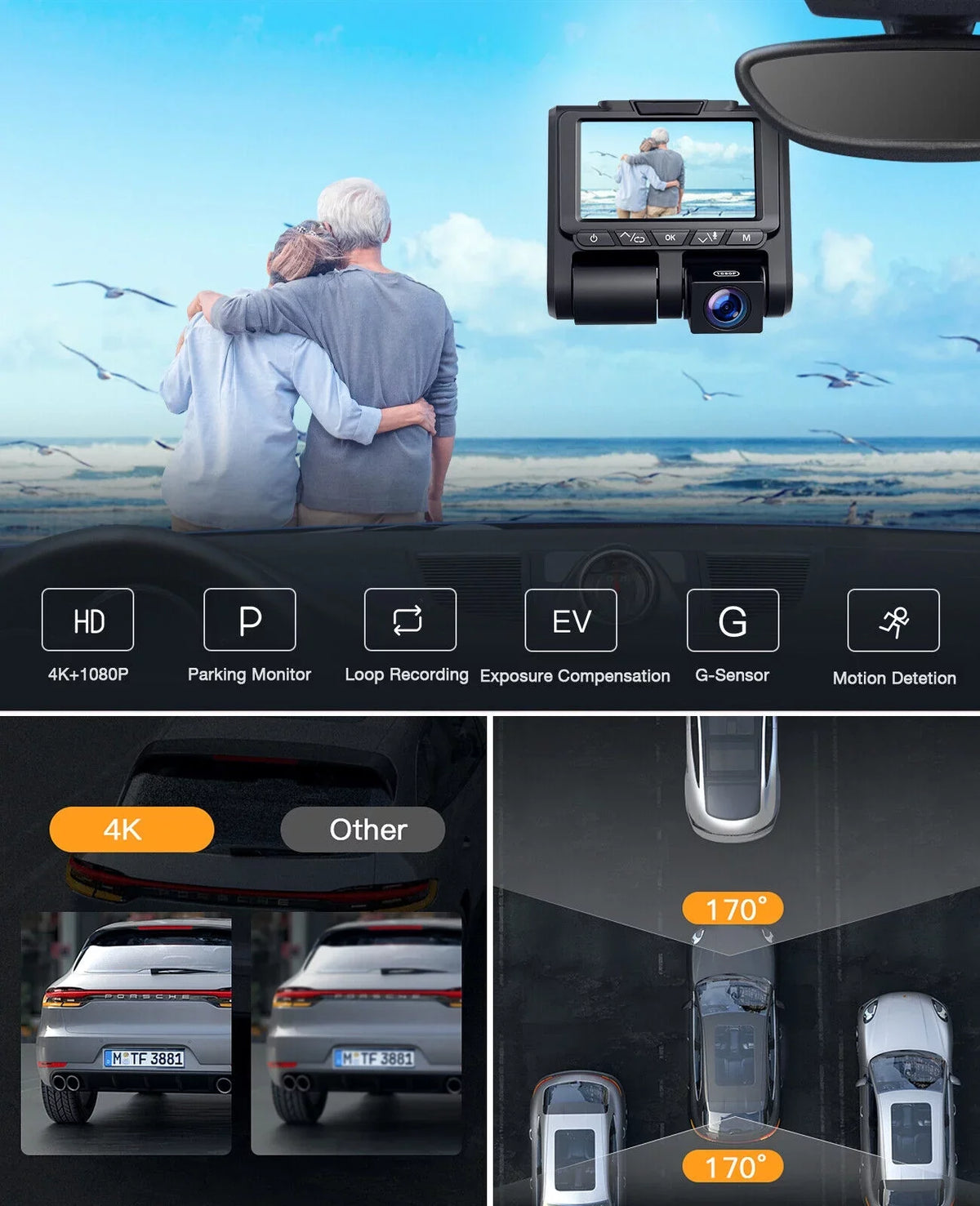 4K Dash Camera   4K+1080P Dash Cam Front and Inside 3"  Screen Car Camera Loop Recording Parking Mode G-Sensor