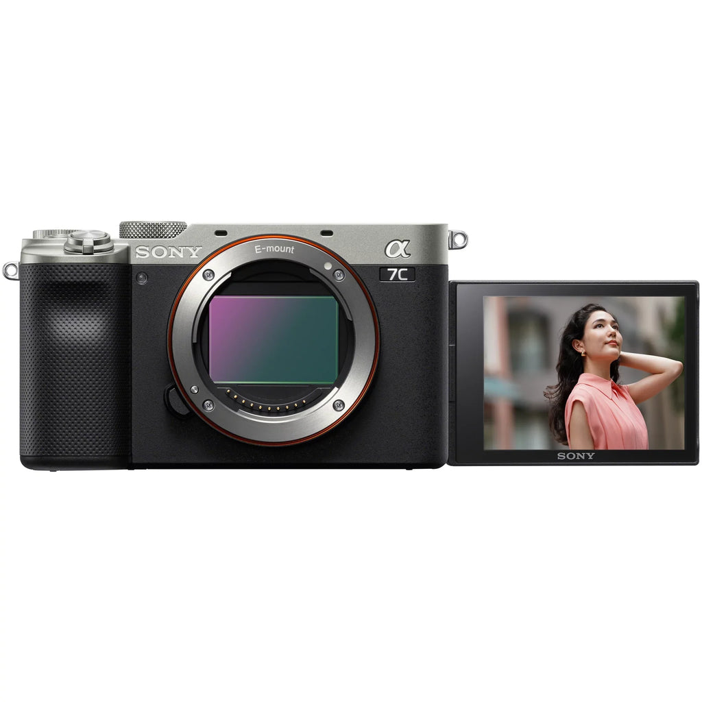 Sony a7C Mirrorless Full Frame Camera Body with Sony  40mm F2.5 G Compact Lens SEL40F25G Silver ILCE7C/S Bundle with Deco Gear Photography Backpack Case + Microphone +  + Monopod and Accessories