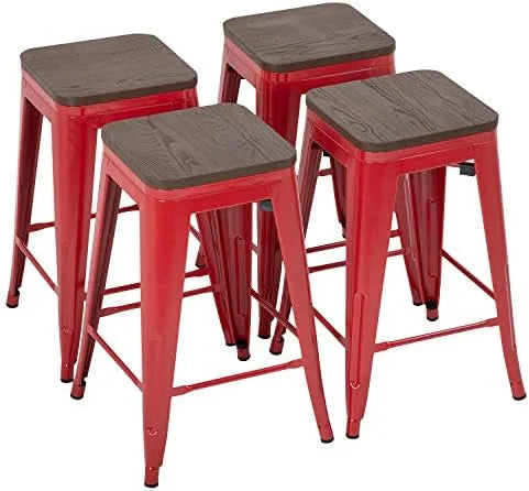 24 Inches Metal  Stools Set of 4 Counter Height Wood Seat Barstool Patio Stool Stackable Backless Stool Indoor Outdoor Metal Kitchen Stools  Chairs (Red)