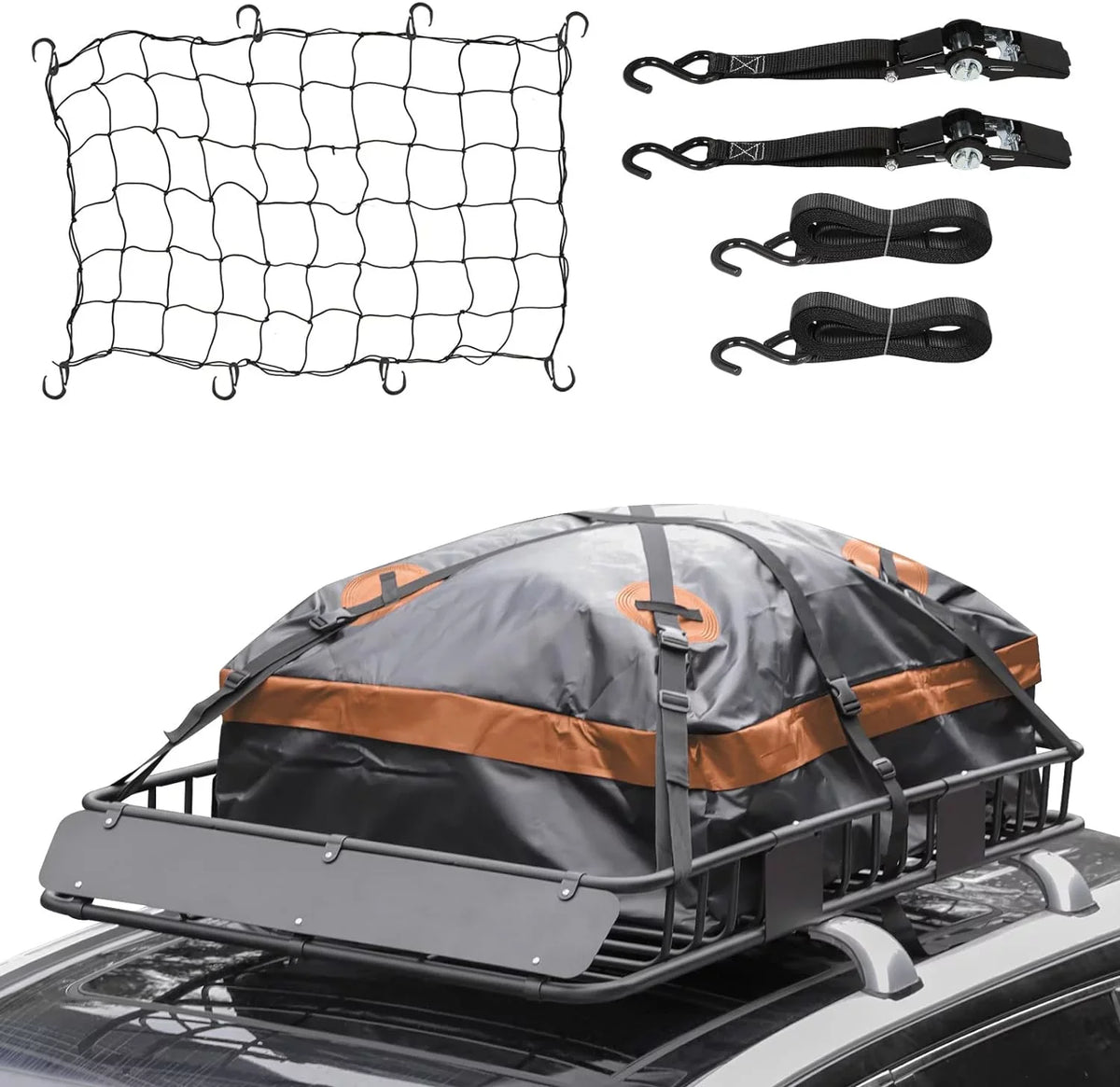 Thten 54" x 34" Heavy Duty Roof Rack, Rooftop Cargo Carrier Basket with Waterproof Bag, Tie Down Strap, Net, Rack Extension and Car Top Luggage Holder for , 150lb Capacity, Steel Construction