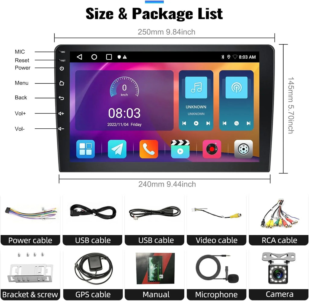1G+32G Android Single Din Car Stereo with  Navigation Rimoody 10.1'' Touch Screen Car Radio with Bluetooth WiFi  Mirror Link  Head Unit + Backup Camera