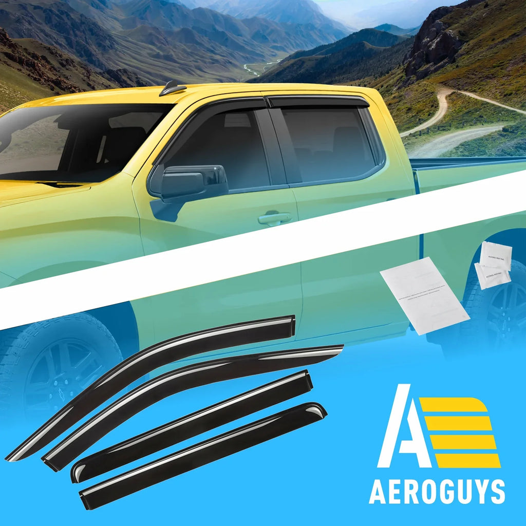 Tape-On Window Deflectors Extra Durable Window Visors Rain Guards Fit for Chevrolet (Chevy) Silverado 1500 2019-2024 Crew Cab, Sun Visors, Wind Vent Visors, Truck Accessories - 4pcs. AG0422