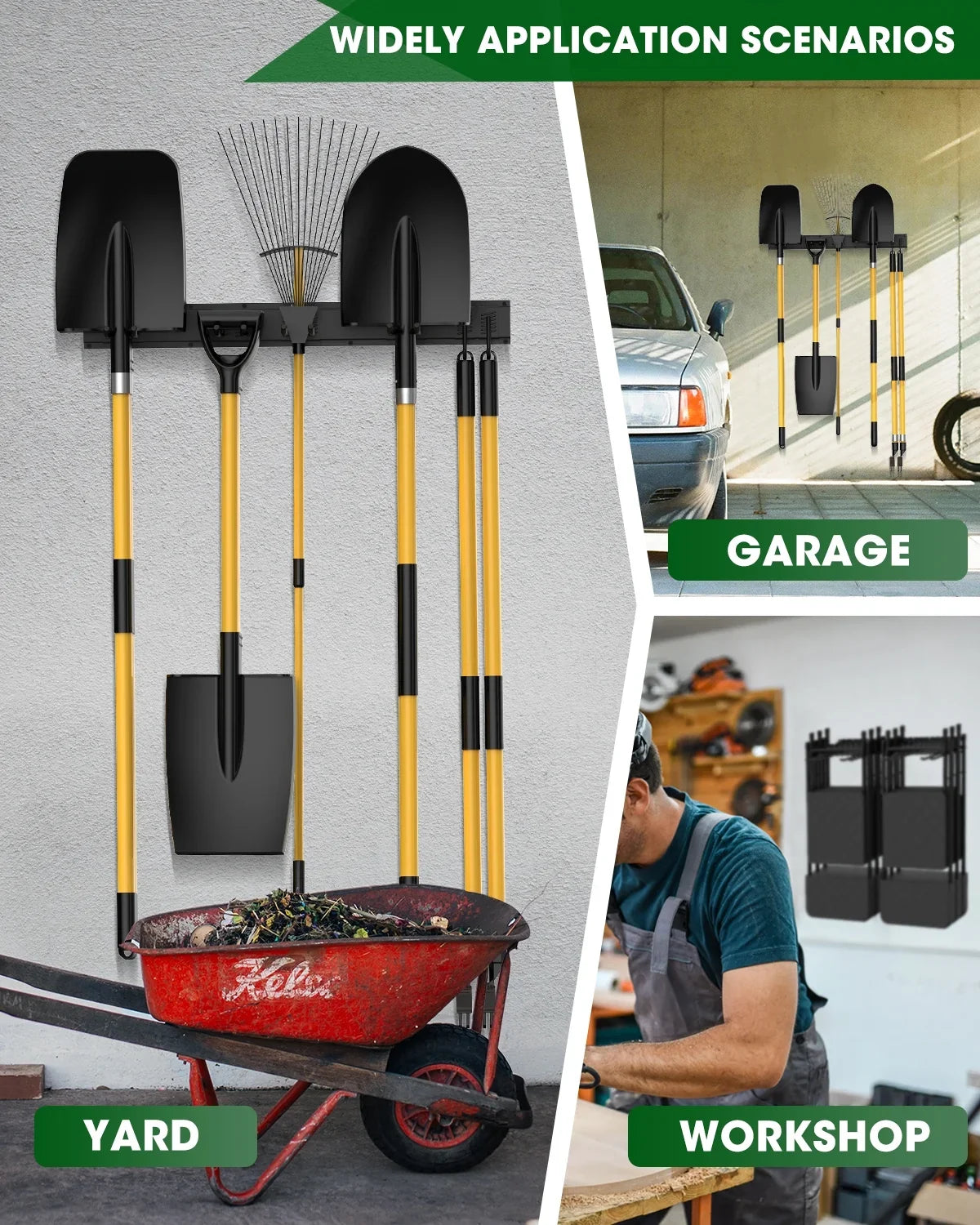 8 Piece Garage Tool Storage Rack, 32 Inches Wall Mounted Garage Organizer with 6 Adjustable Hooks, Heavy Duty Yard Tool Organizer for Garage, Holds up to 200