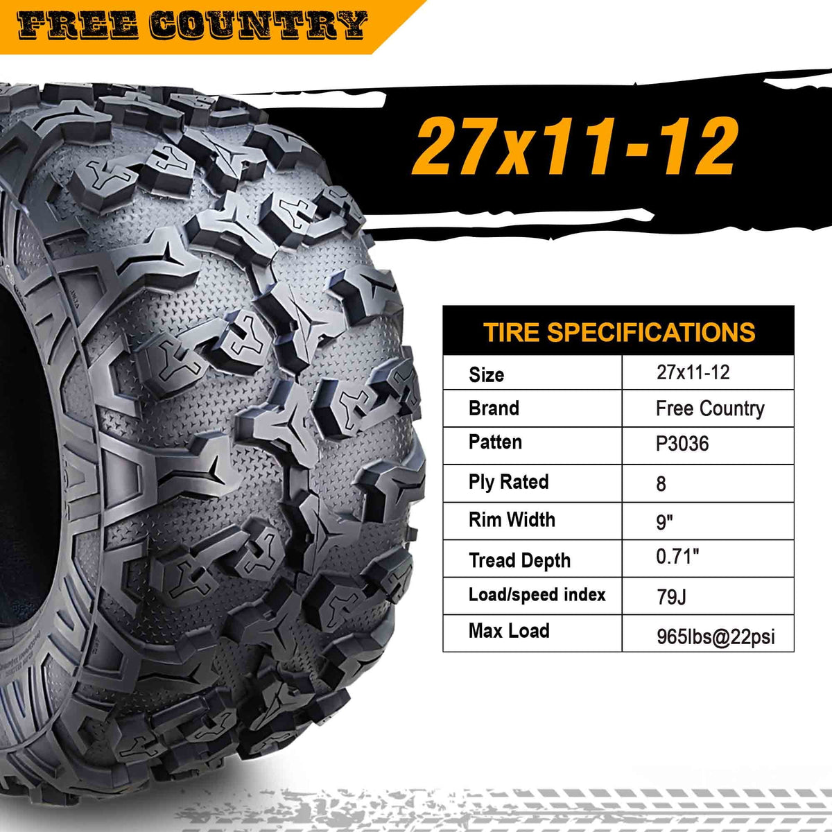 (2) Premium   8PR / Tires 27x11x12 fit 16-20 Honda  1000 Base/ Rear