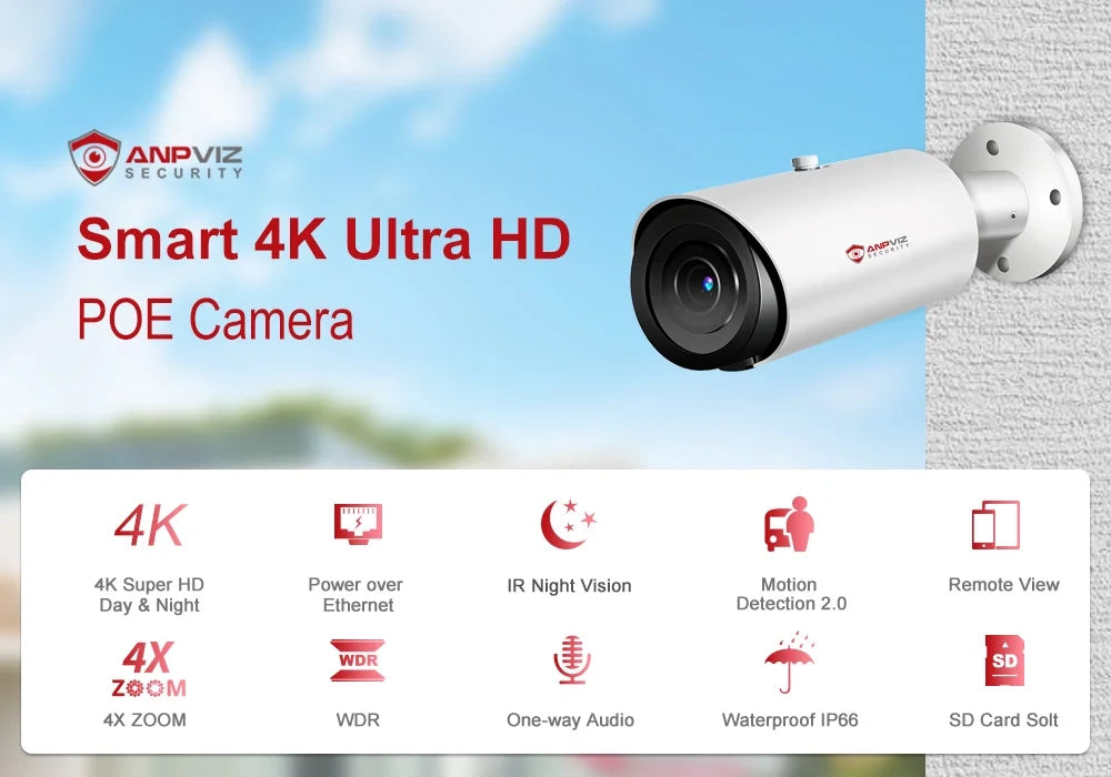 8MP Bullet Camera 4X Zoom Camera Support Human Vehicle Detection 30M  Distance Built in Mic H.265 IP66