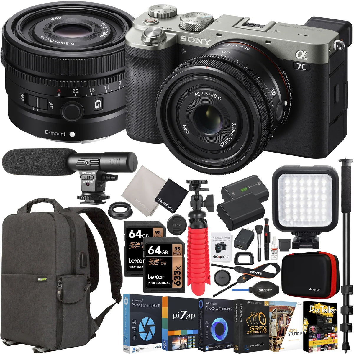 Sony a7C Mirrorless Full Frame Camera Body with Sony  40mm F2.5 G Compact Lens SEL40F25G Silver ILCE7C/S Bundle with Deco Gear Photography Backpack Case + Microphone +  + Monopod and Accessories