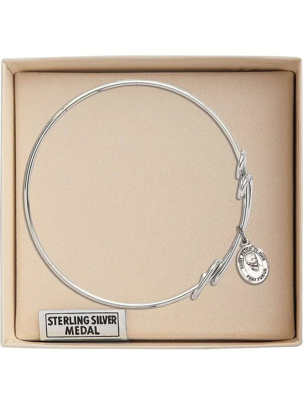 8 1/2 inch Round Double Loop Bangle Bracelet w/ St. Peter Claver in Sterling Silver