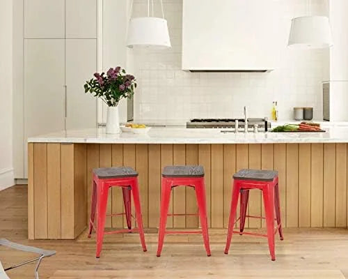 24 Inches Metal  Stools Set of 4 Counter Height Wood Seat Barstool Patio Stool Stackable Backless Stool Indoor Outdoor Metal Kitchen Stools  Chairs (Red)