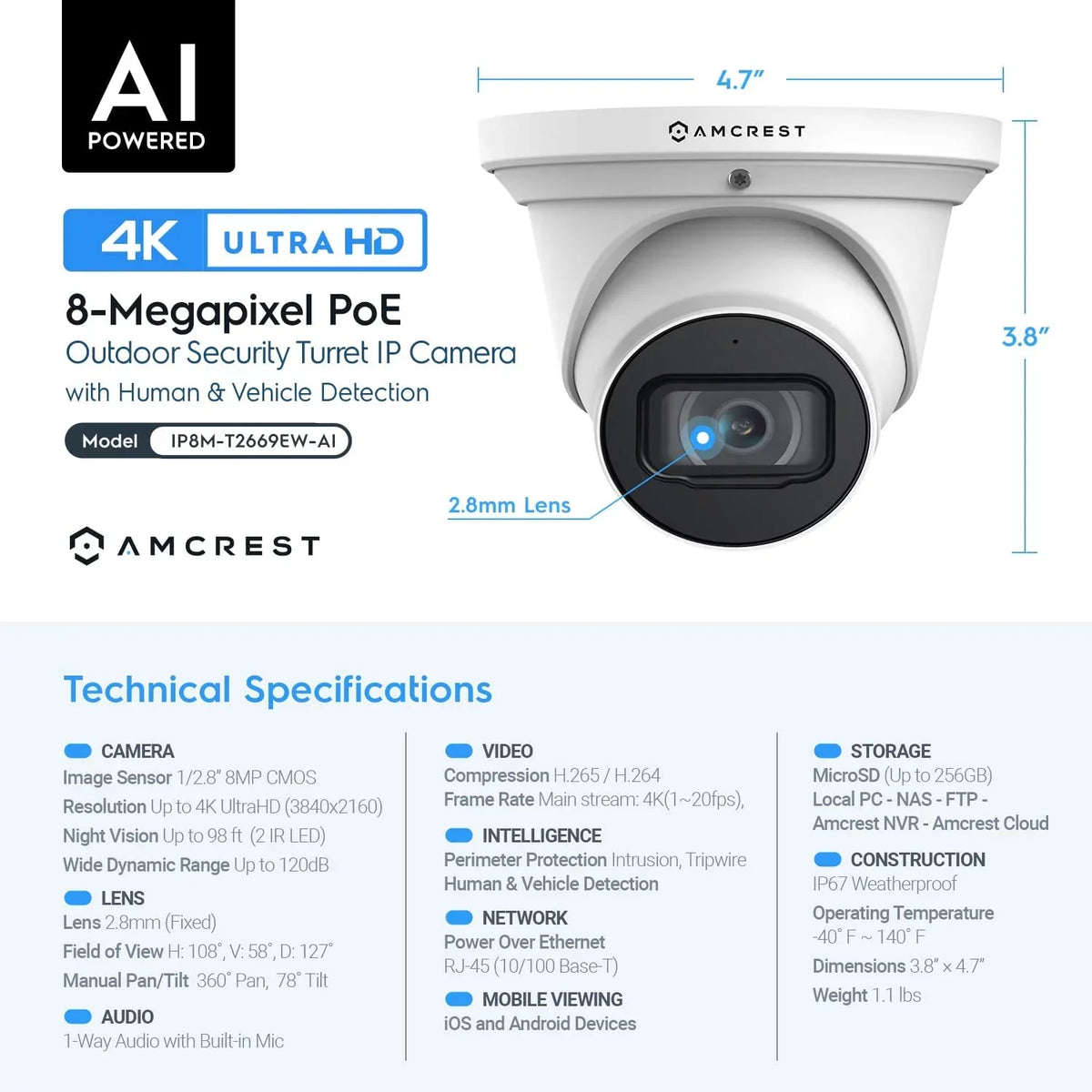 Amcrest 4K  Camera  Human/Vehicle Detection, UltraHD 8MP Outdoor Security Turret   Camera, 3840x2160, Wide Angle, IP67 Weatherproof, MicroSD, Built in Mic, White (IP8M-T2669EW-) (Used)