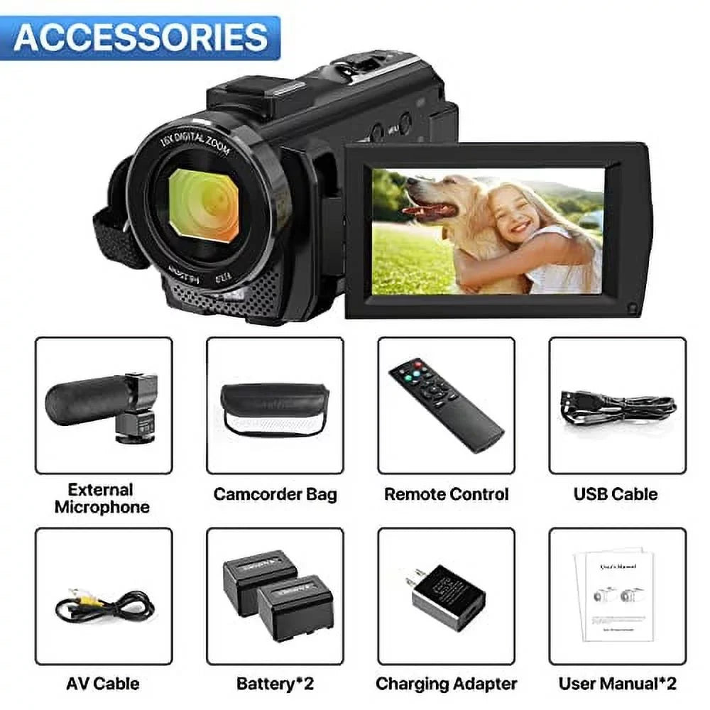 Video Camera Camcorder WiFi  Night Vision  1080P 30FPS YouTube Vlogging Camera Recorder 26MP 3.0'' Touch Screen 16X Digital Zoom Camcorder with Microphone,Remote and 2 Batteries