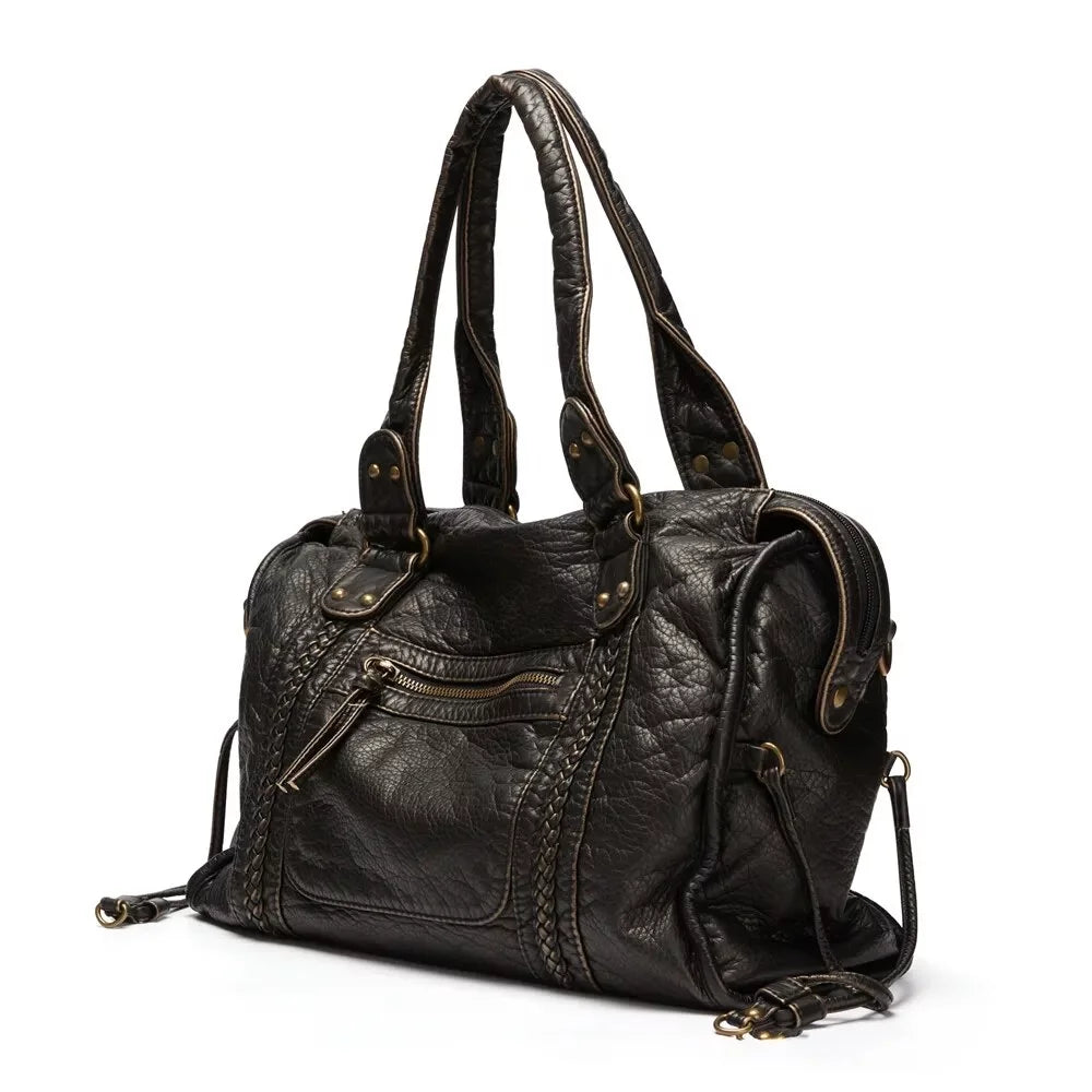 Large Capacity Women Handbag Vegan Leather Tote Bag Vintage Washed Leather Shoulder Bag Quality Bag for Women Office Bag Travel Bag