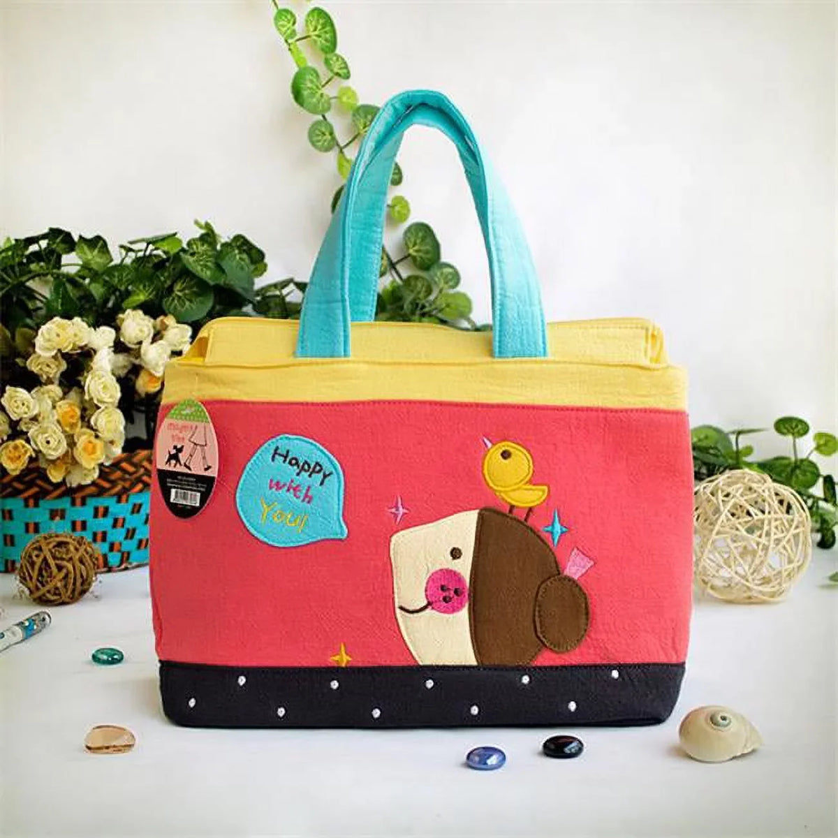 '-1- 9.3 x 7.2 x 4.2 in. Happy with You - Embroidered Applique Fabric Art Tote Bag & Shopper Bag