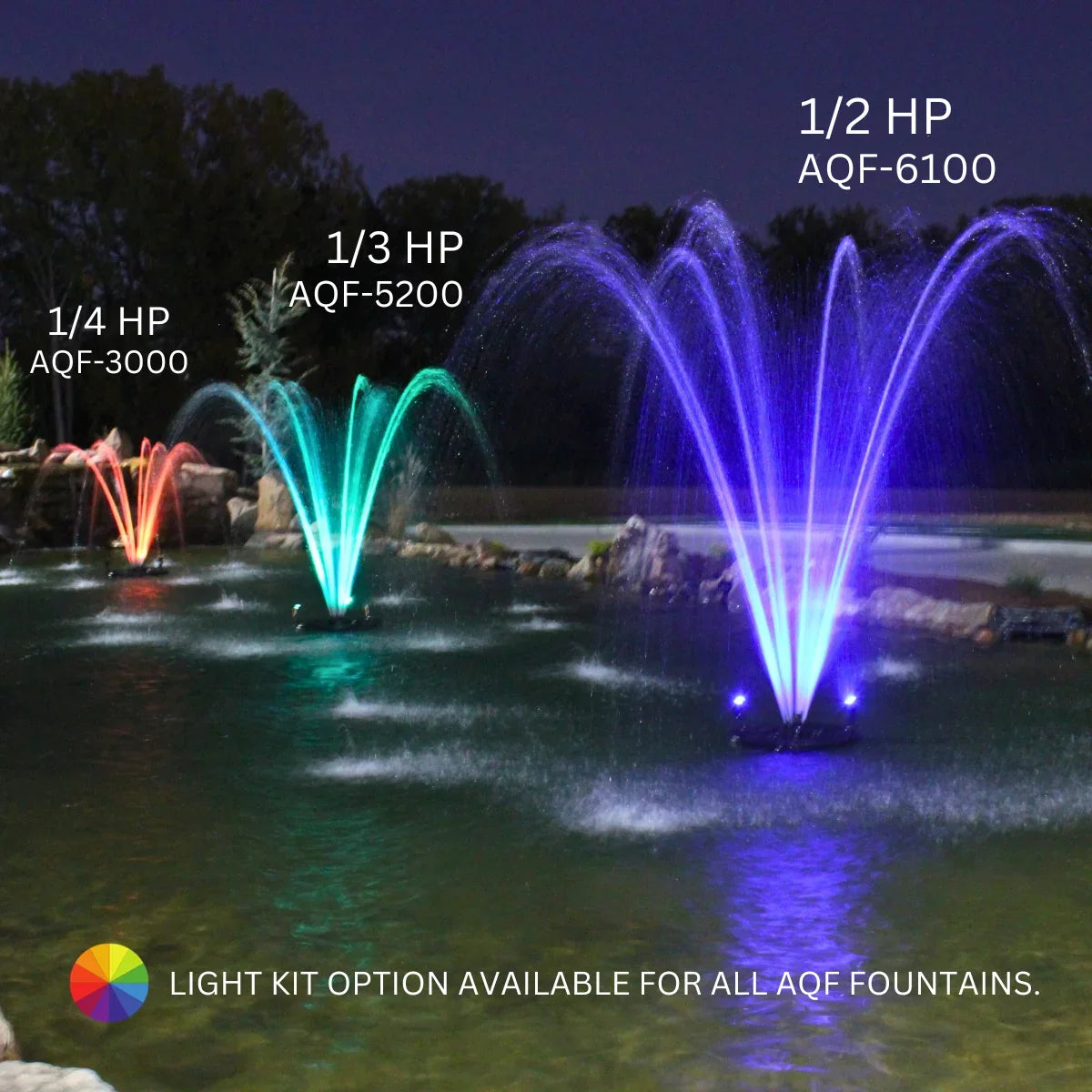 1/2  Floating Fountain | 100 foot Cord | 9 Patterns | Color-Changing Lights | Control Box | Surface Aeration for Ponds
